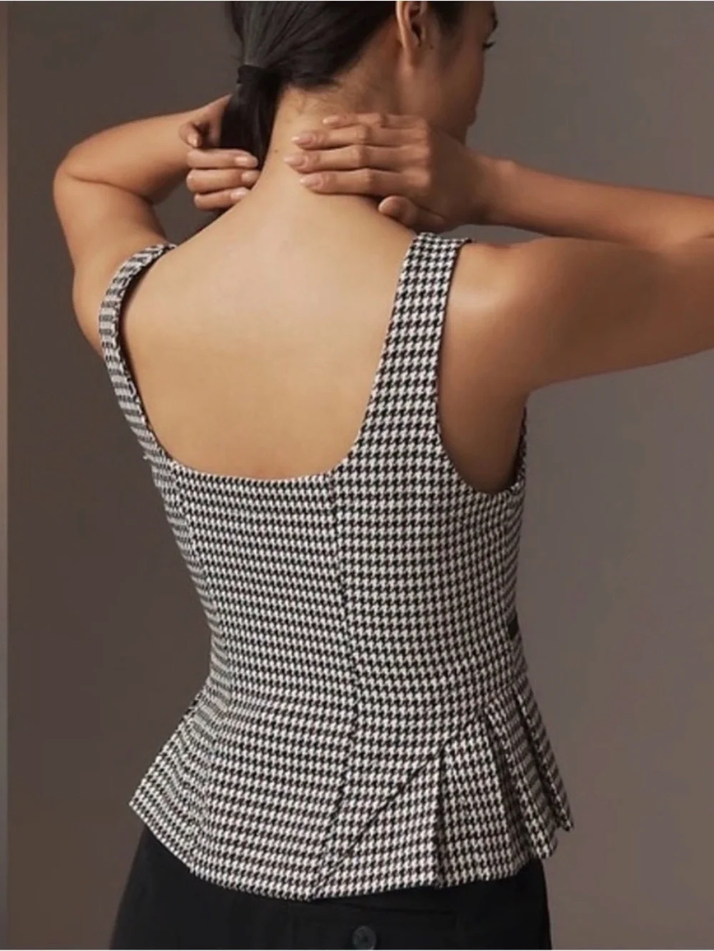 Anthropologie Black and White Houndstooth Button-Front Cropped Top - Picture 9 of 12